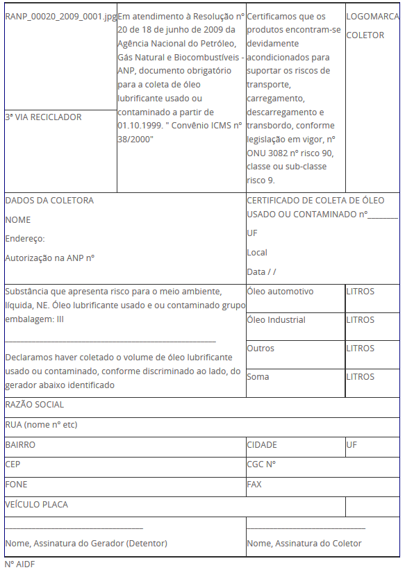 Certificado de Coleta de Óleo Usado