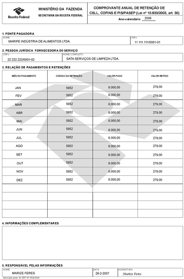 Comprovante Anual de Retenção de CSLL, Cofins e PIS/Pasep