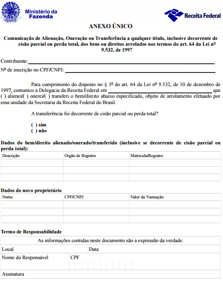 Formulário para comunicação de alienação, oneração ou transferência de bens arrolados