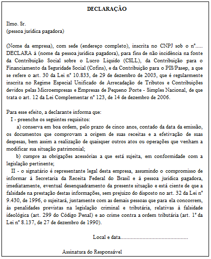 Modelo de Declaração da pessoa jurídica optante pelo Simples Nacional