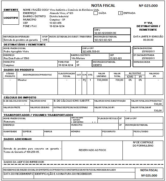 Nota Fiscal de Entrada para reparo