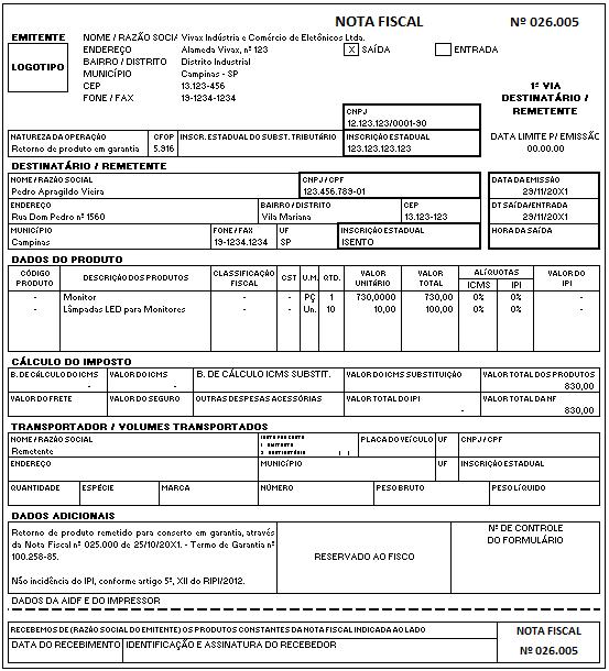 Nota Fiscal de Retorno de reparo