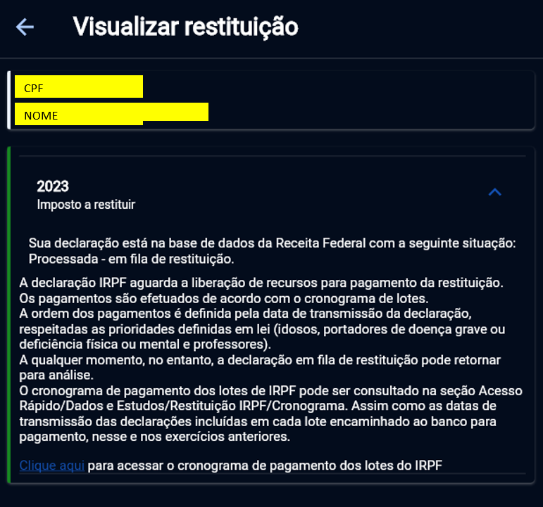 Resultado consulta restituição - Está em fila de restituição