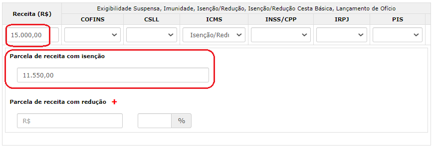 Detalhamento da Receita Bruta com isenção