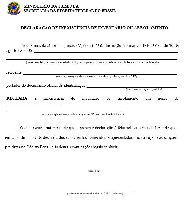 Declaração de inexistência de inventário ou arrolamento