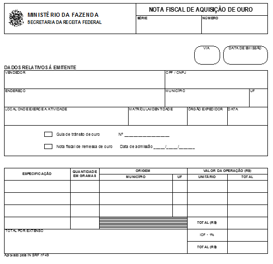 Nota Fiscal de aquisição de ouro